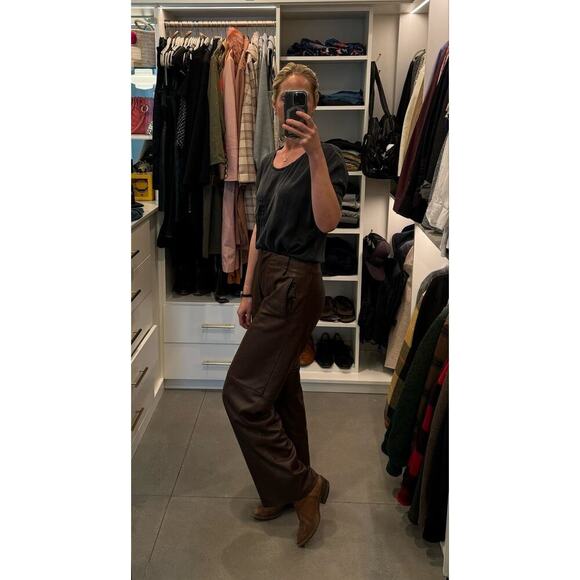 VEDA Brown Leather Trousers Zip Up Fly Button Closure Wide Leg Pants Size 4 - Picture 7 of 16